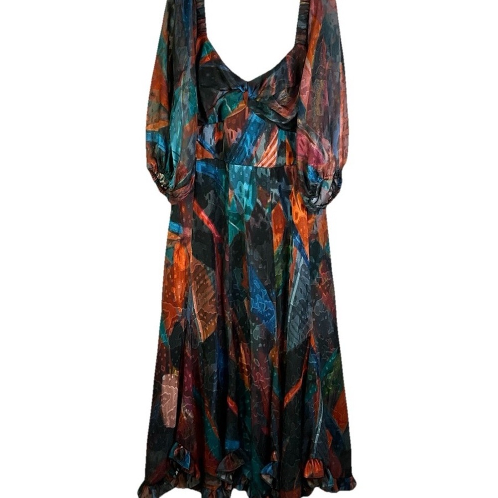 Hutch Twist-Front Puff Sleeve Ruffle Hem Multicolor Midi Dress by Anthropologie - Picture 5 of 8